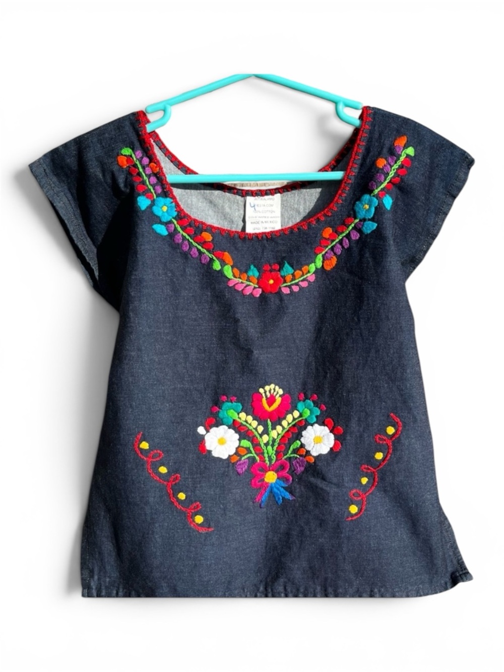 Traditional Puebla Mexican Size4 Girl Denim Embroidered Floral Blouse 100%Cotton